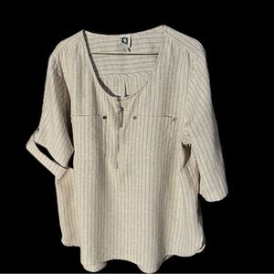 Anne Klein Linen Blouse, Beige & White with Gold Thread